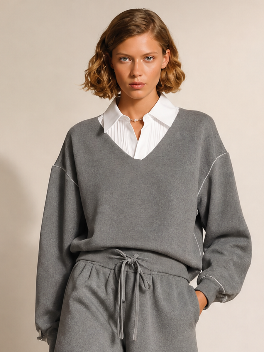 Women's Casual Shirt-Collar Layered Dropped-Shoulder Long-Sleeve Sweatshirt & Drawstring Shorts Set