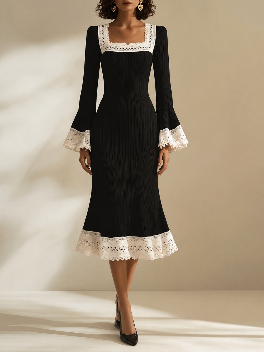 Women's Elegant Square-Neck Lace-Trim Flared-Sleeve Fishtail Long-Sleeve Bodycon Midi Dress