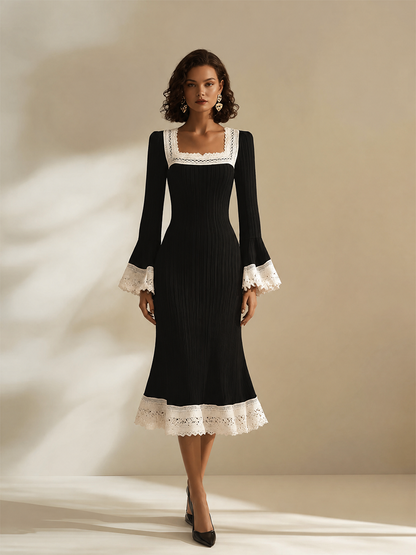 Women's Elegant Square-Neck Lace-Trim Flared-Sleeve Fishtail Long-Sleeve Bodycon Midi Dress