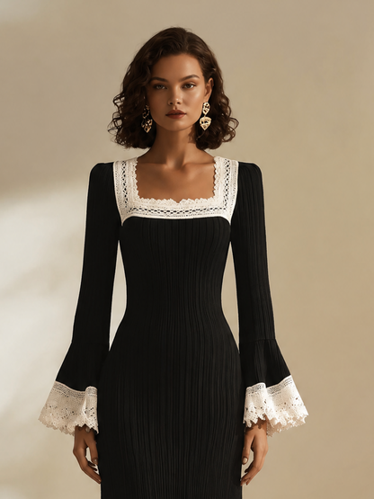 Women's Elegant Square-Neck Lace-Trim Flared-Sleeve Fishtail Long-Sleeve Bodycon Midi Dress
