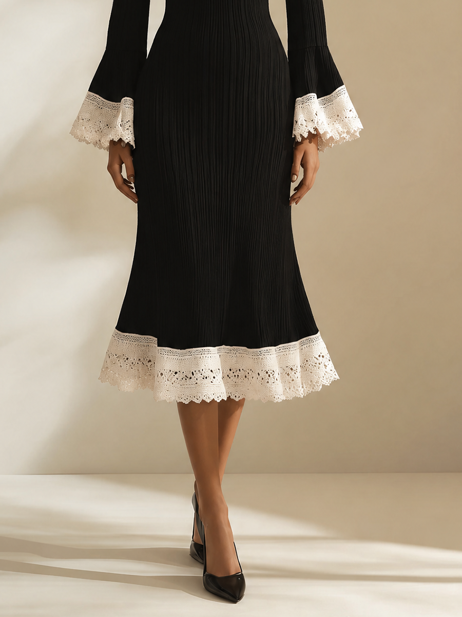 Women's Elegant Square-Neck Lace-Trim Flared-Sleeve Fishtail Long-Sleeve Bodycon Midi Dress
