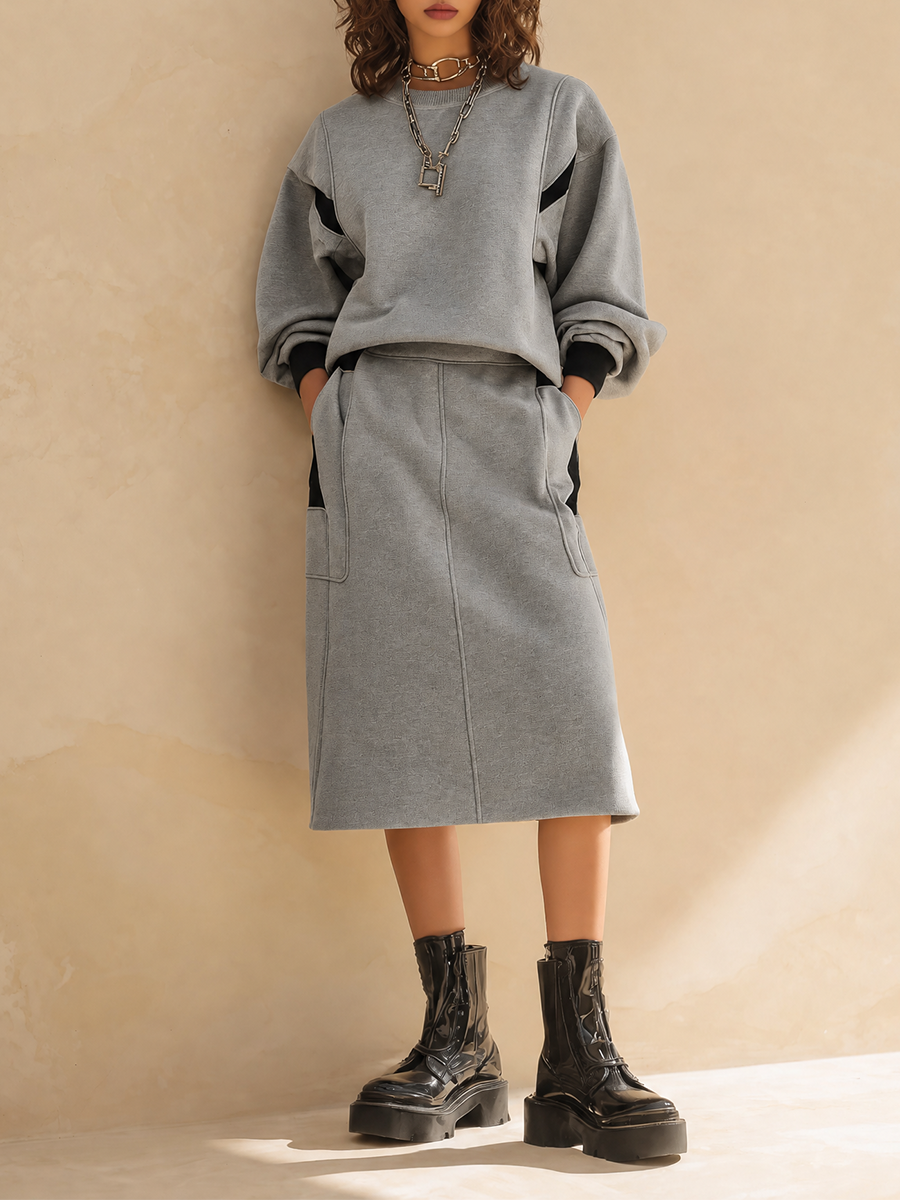 Women's Casual Round-Neck Dropped-Shoulder Long-Sleeve Sweatshirt & High-Waisted Patch-Pocket Straight Skirt Set
