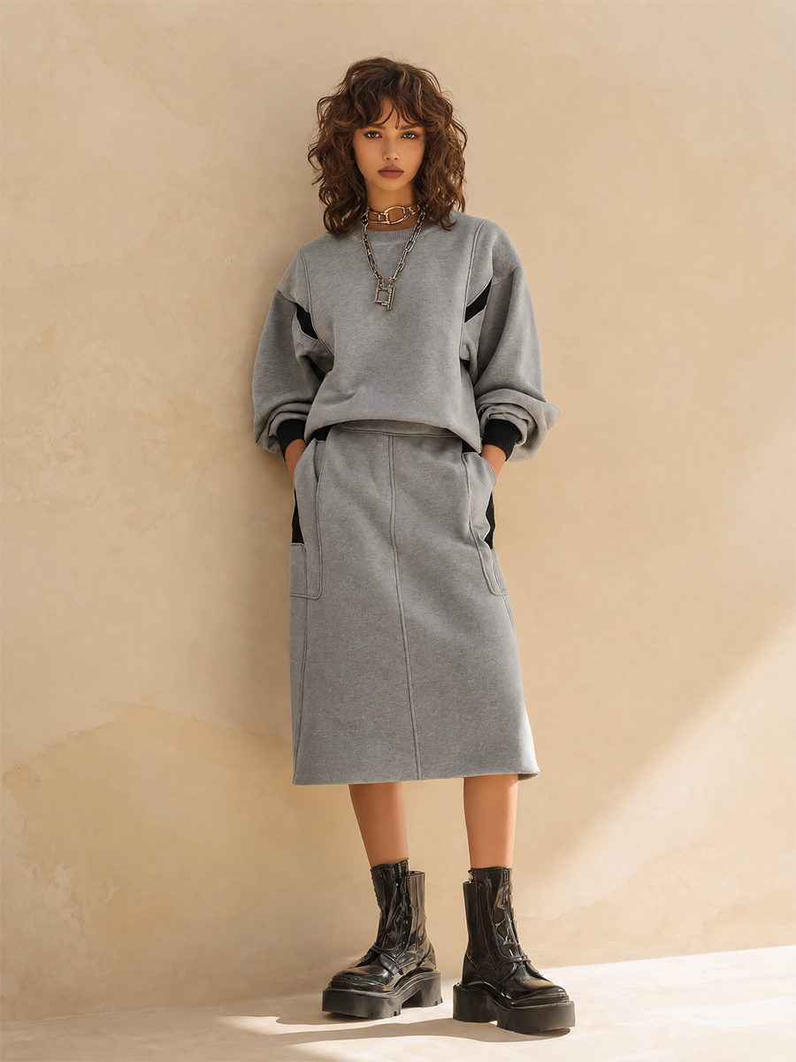 Women's Casual Round-Neck Dropped-Shoulder Long-Sleeve Sweatshirt & High-Waisted Patch-Pocket Straight Skirt Set