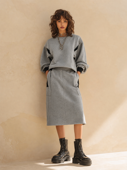 Women's Casual Round-Neck Dropped-Shoulder Long-Sleeve Sweatshirt & High-Waisted Patch-Pocket Straight Skirt Set