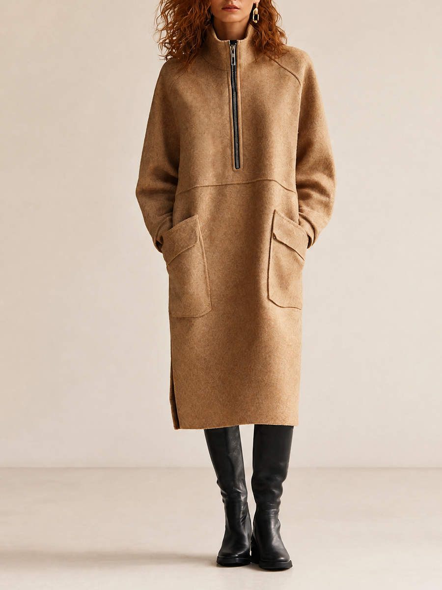 Women's Casual High-Neck Half-Zip Dropped-Shoulder Long-Sleeve Patch-Pocket Relaxed Midi Dress