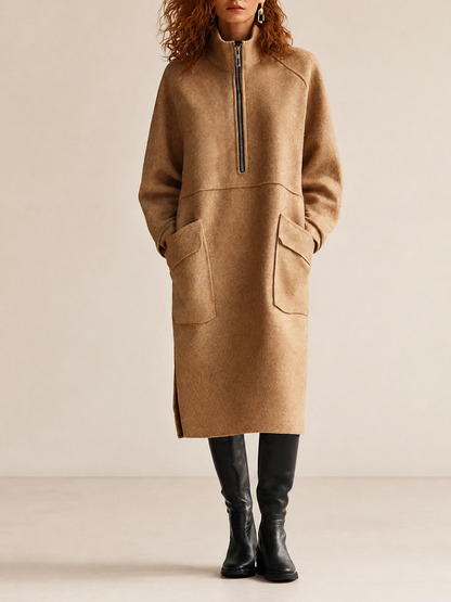 Women's Casual High-Neck Half-Zip Dropped-Shoulder Long-Sleeve Patch-Pocket Relaxed Midi Dress