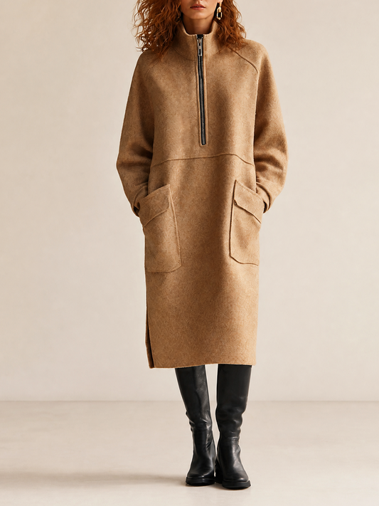 Women's Casual High-Neck Half-Zip Dropped-Shoulder Long-Sleeve Patch-Pocket Relaxed Midi Dress