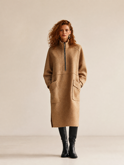 Women's Casual High-Neck Half-Zip Dropped-Shoulder Long-Sleeve Patch-Pocket Relaxed Midi Dress
