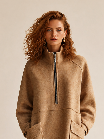 Women's Casual High-Neck Half-Zip Dropped-Shoulder Long-Sleeve Patch-Pocket Relaxed Midi Dress