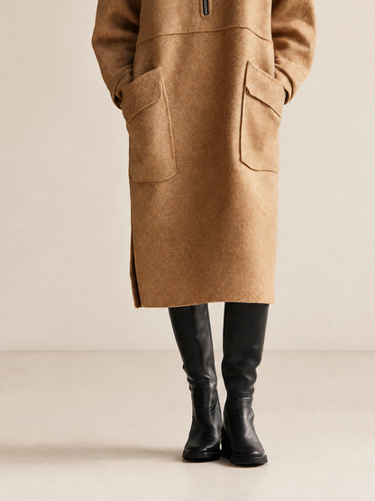 Women's Casual High-Neck Half-Zip Dropped-Shoulder Long-Sleeve Patch-Pocket Relaxed Midi Dress