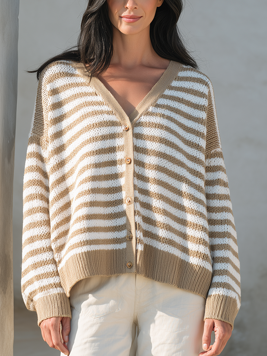 Women's V-Neck Striped Loose-Fit Knit Cardigan