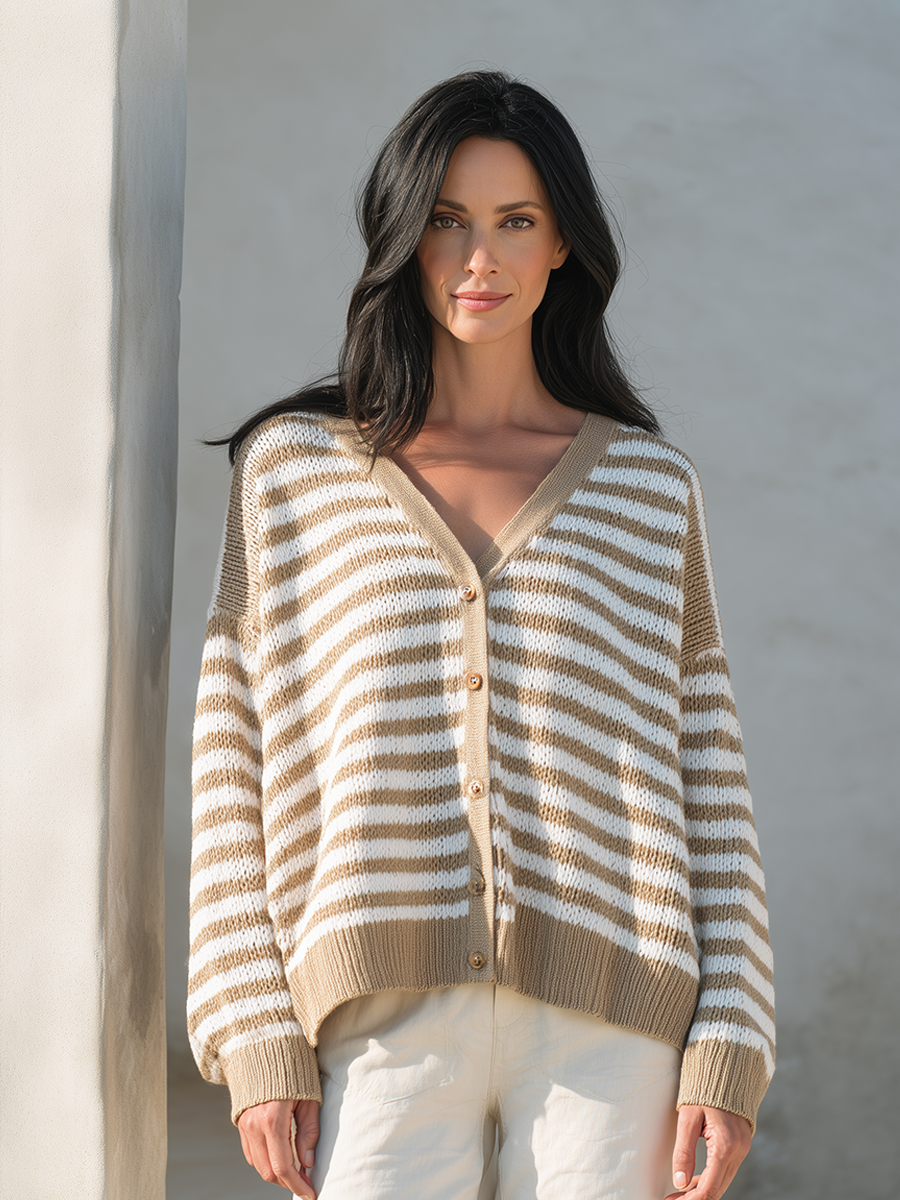 Women's V-Neck Striped Loose-Fit Knit Cardigan
