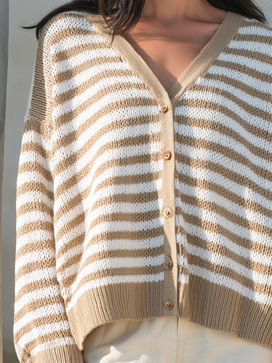 Women's V-Neck Striped Loose-Fit Knit Cardigan