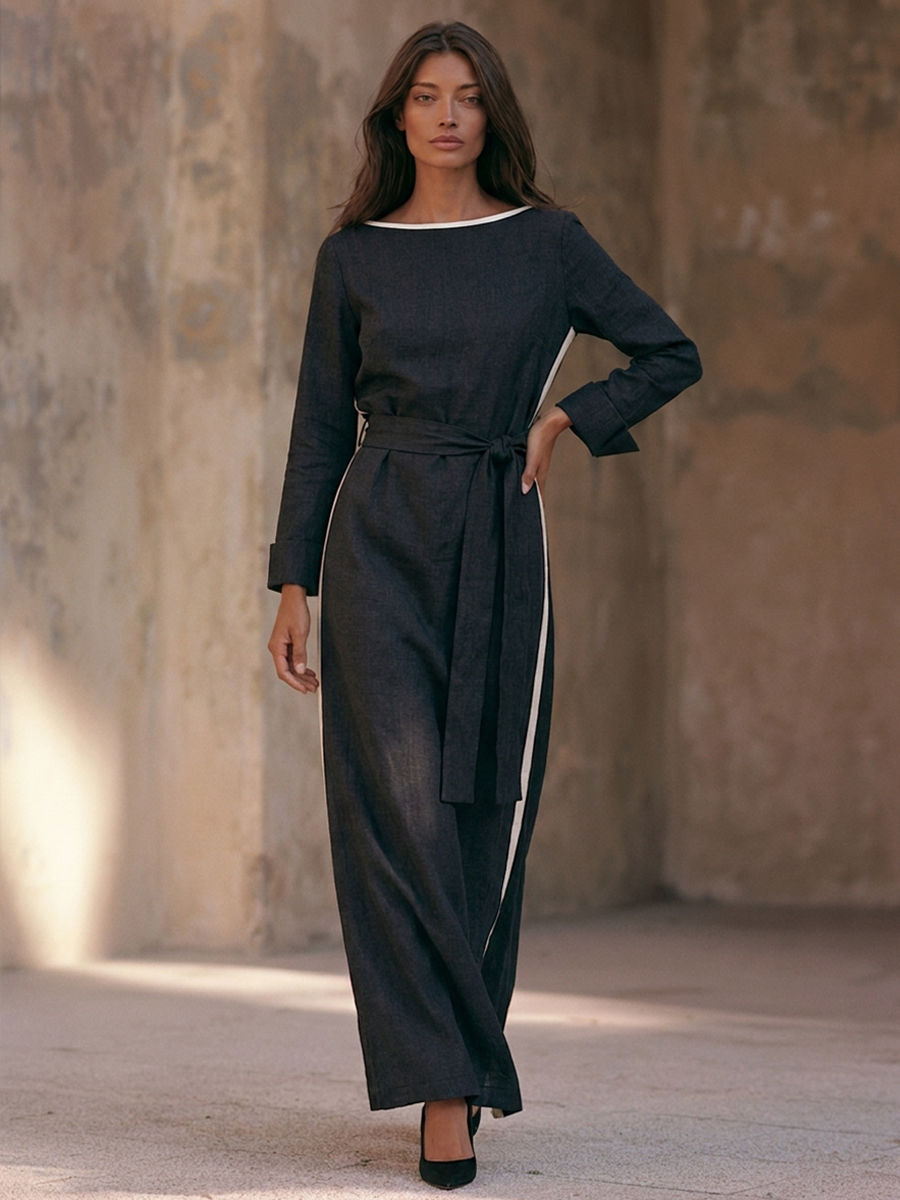 Women's Boat-Neck Cotton-Linen Maxi Dress With Contrast-Stripe Detail And Tie-Belt