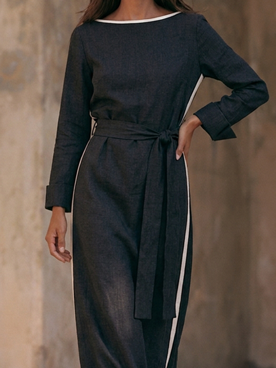 Women's Boat-Neck Cotton-Linen Maxi Dress With Contrast-Stripe Detail And Tie-Belt