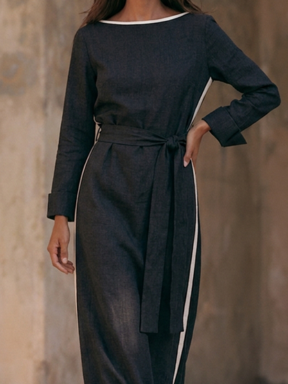 Women's Boat-Neck Cotton-Linen Maxi Dress With Contrast-Stripe Detail And Tie-Belt