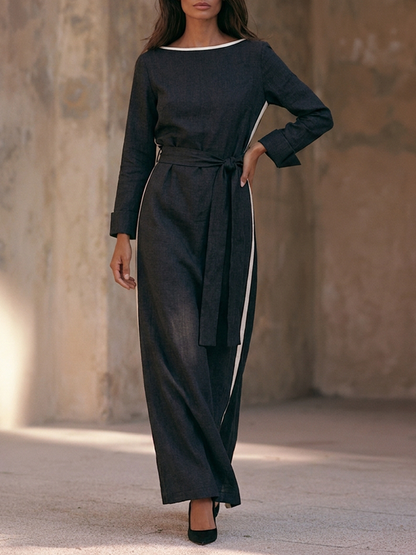 Women's Boat-Neck Cotton-Linen Maxi Dress With Contrast-Stripe Detail And Tie-Belt