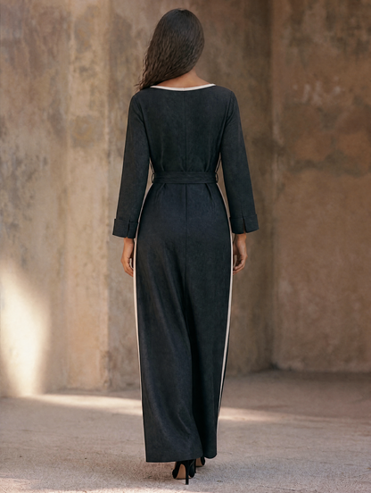 Women's Boat-Neck Cotton-Linen Maxi Dress With Contrast-Stripe Detail And Tie-Belt