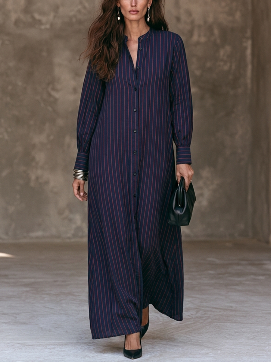 Women's Vertical-Stripe Cotton-Linen Maxi Shirt Dress With Stand Collar