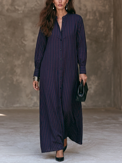 Women's Vertical-Stripe Cotton-Linen Maxi Shirt Dress With Stand Collar