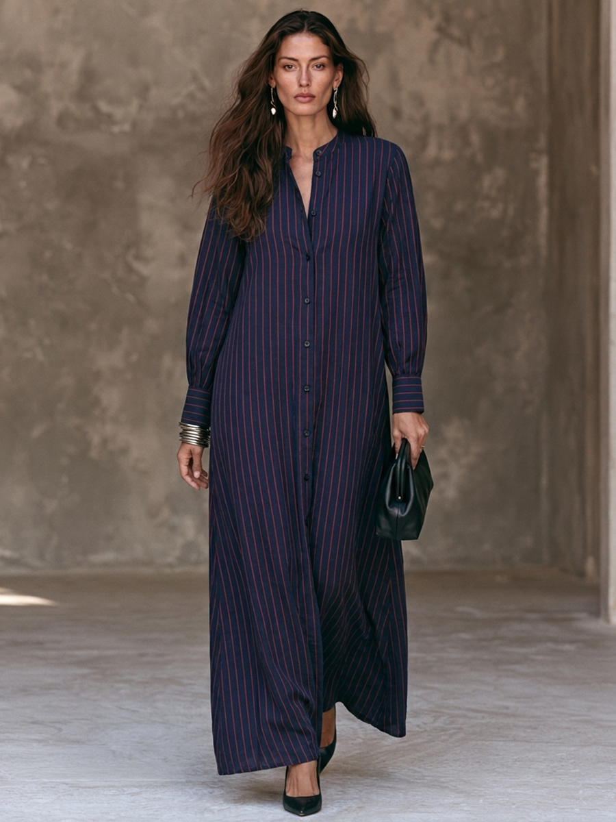 Women's Vertical-Stripe Cotton-Linen Maxi Shirt Dress With Stand Collar