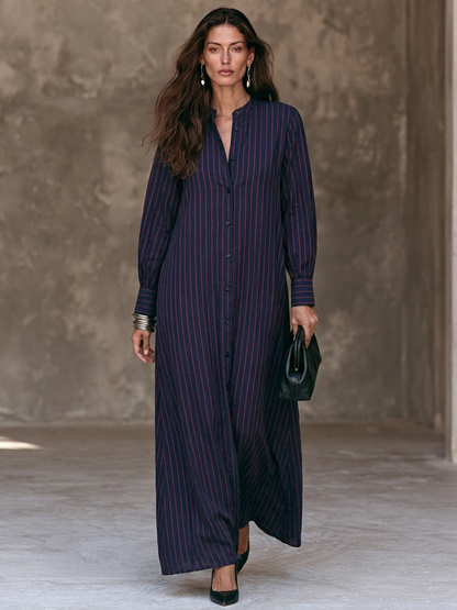 Women's Vertical-Stripe Cotton-Linen Maxi Shirt Dress With Stand Collar