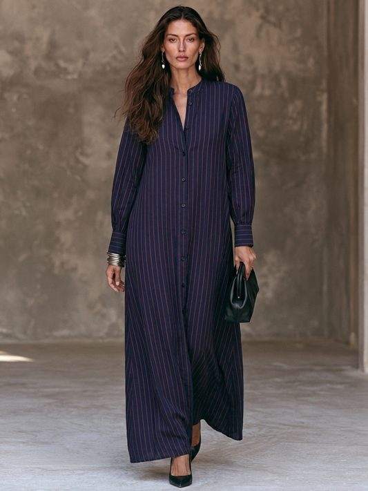 Women's Vertical-Stripe Cotton-Linen Maxi Shirt Dress With Stand Collar