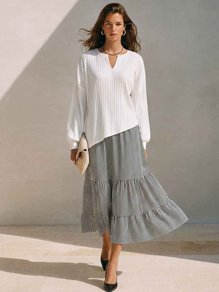 Women's Striped Panel Midi Dress With Small V-Neck