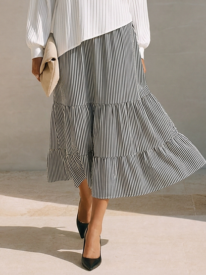 Women's Striped Panel Midi Dress With Small V-Neck