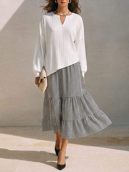 Women's Striped Panel Midi Dress With Small V-Neck