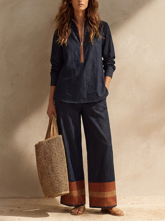Women's Cotton-Linen Two-Piece Set With Stand Collar And Contrast-Cuff Trousers