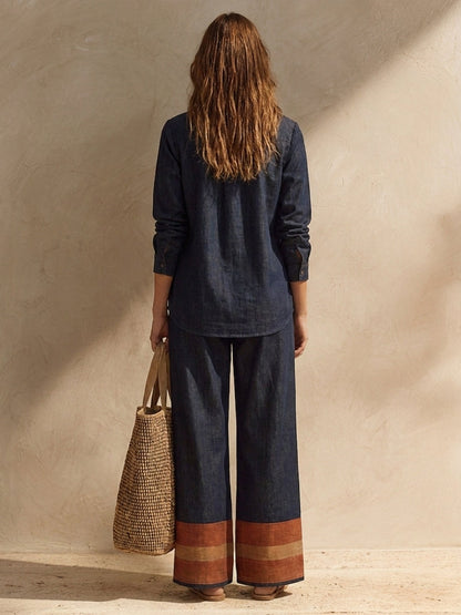 Women's Cotton-Linen Two-Piece Set With Stand Collar And Contrast-Cuff Trousers