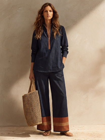 Women's Cotton-Linen Two-Piece Set With Stand Collar And Contrast-Cuff Trousers
