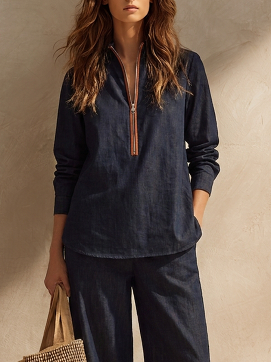 Women's Cotton-Linen Two-Piece Set With Stand Collar And Contrast-Cuff Trousers