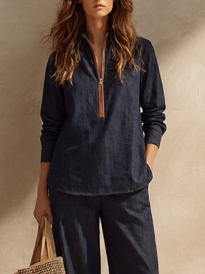 Women's Cotton-Linen Two-Piece Set With Stand Collar And Contrast-Cuff Trousers