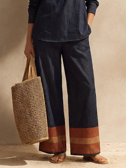Women's Cotton-Linen Two-Piece Set With Stand Collar And Contrast-Cuff Trousers