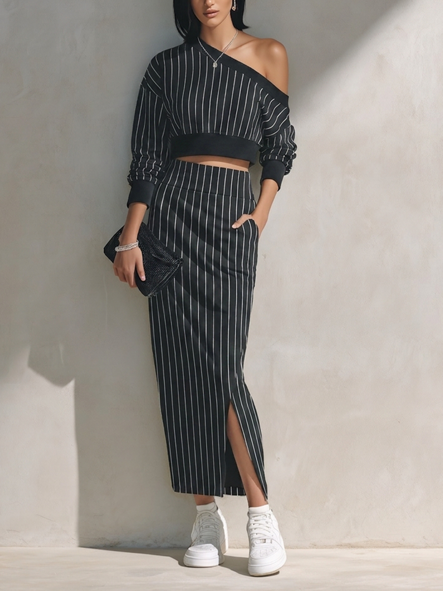 Women's Striped One-Shoulder Cropped Top & Maxi Skirt Set