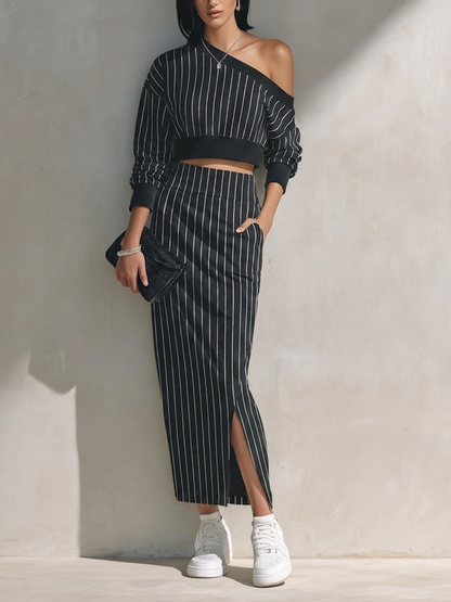 Women's Striped One-Shoulder Cropped Top & Maxi Skirt Set