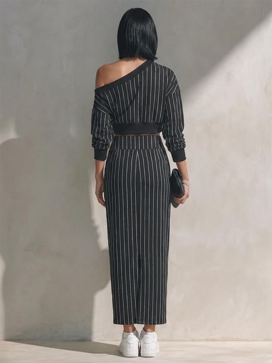 Women's Striped One-Shoulder Cropped Top & Maxi Skirt Set