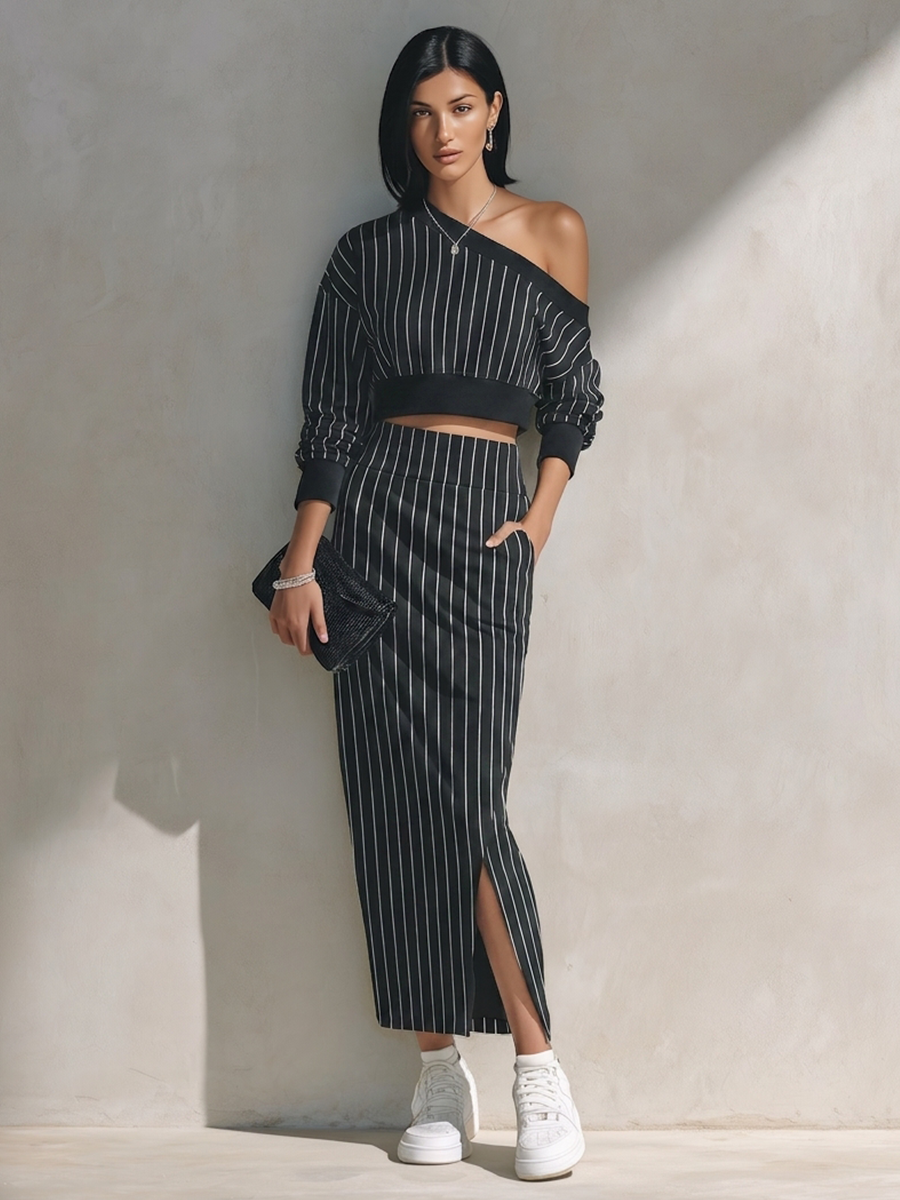 Women's Striped One-Shoulder Cropped Top & Maxi Skirt Set
