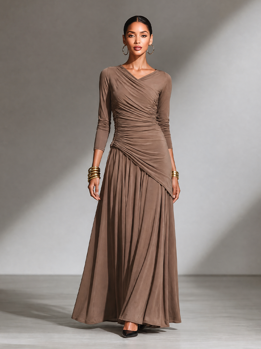 Women's Elegant Draped V‑Neck Long Maxi Dress