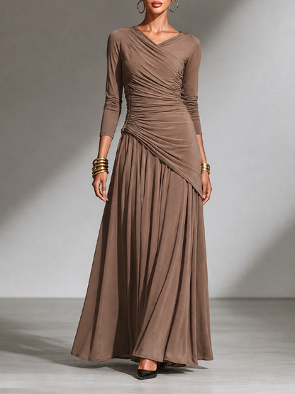 Women's Elegant Draped V‑Neck Long Maxi Dress