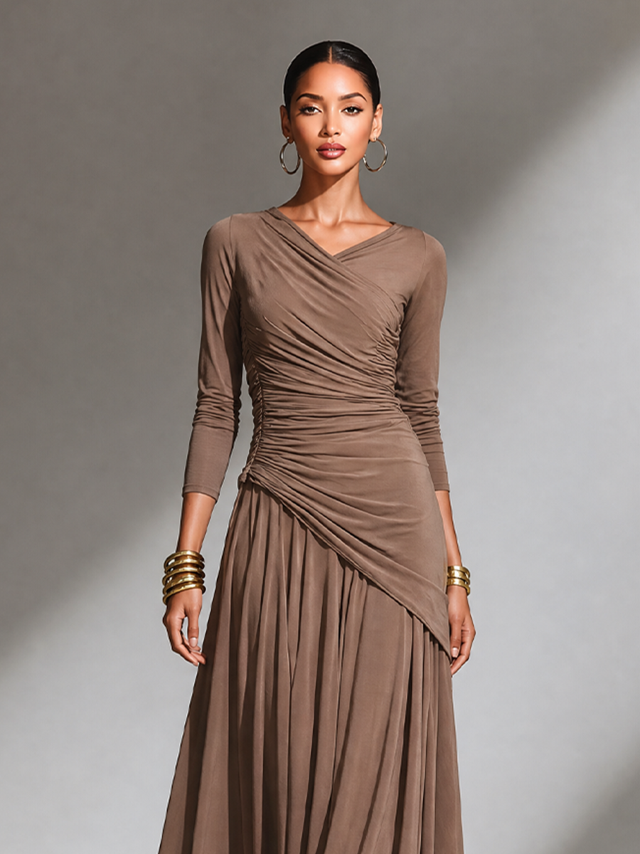 Women's Elegant Draped V‑Neck Long Maxi Dress