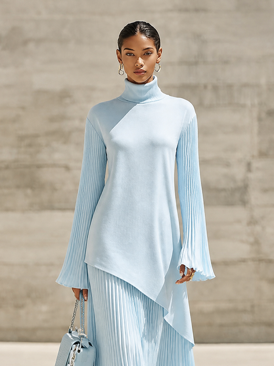 Women's Elegant Flare Sleeve Knit Pleated Midi Dress