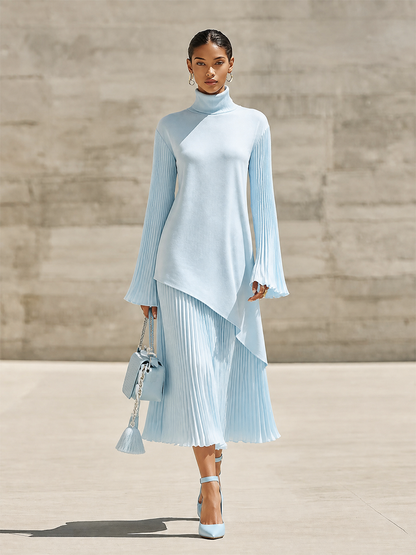 Women's Elegant Flare Sleeve Knit Pleated Midi Dress