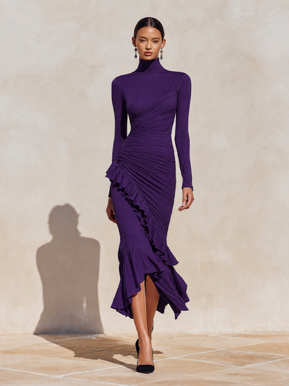 Women's Evening Ruched Ruffle Turtleneck Midi Dress