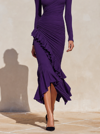 Women's Evening Ruched Ruffle Turtleneck Midi Dress