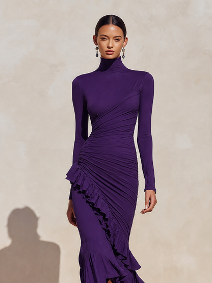 Women's Evening Ruched Ruffle Turtleneck Midi Dress