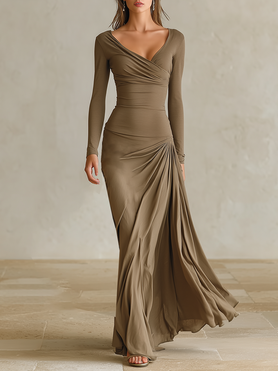 Women's Formal V‑Neck Draped Slim Fit Maxi Dress