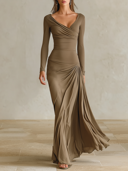 Women's Formal V‑Neck Draped Slim Fit Maxi Dress